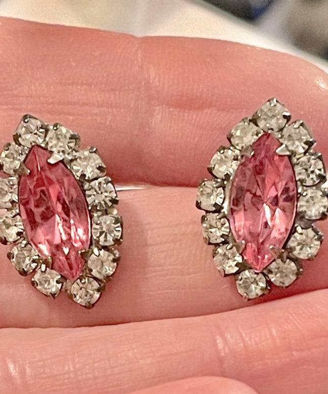 Vintage pink & clear crystal pierced earrings silver finish