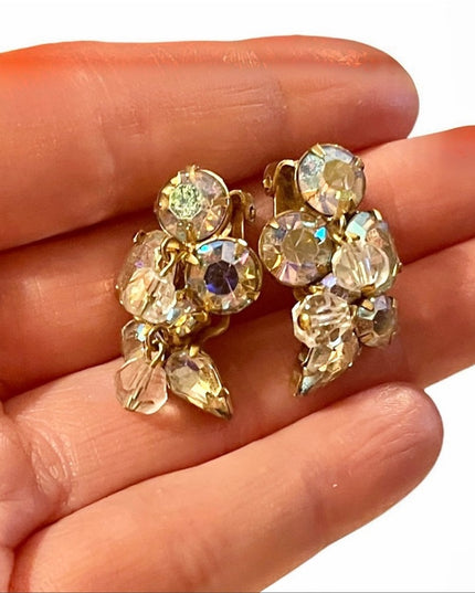 Vintage Kramer gold finish AB crystal Clip on fancy earrings