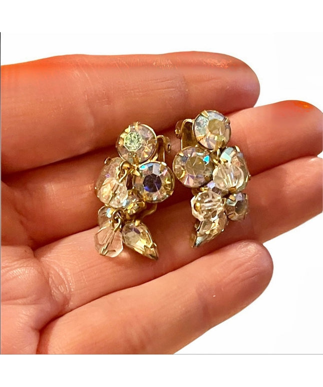 Vintage Kramer gold finish AB crystal Clip on fancy earrings