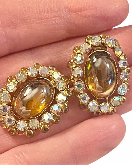 Vintage Golden oval glass with ab crystals TRIAD clip on earrings