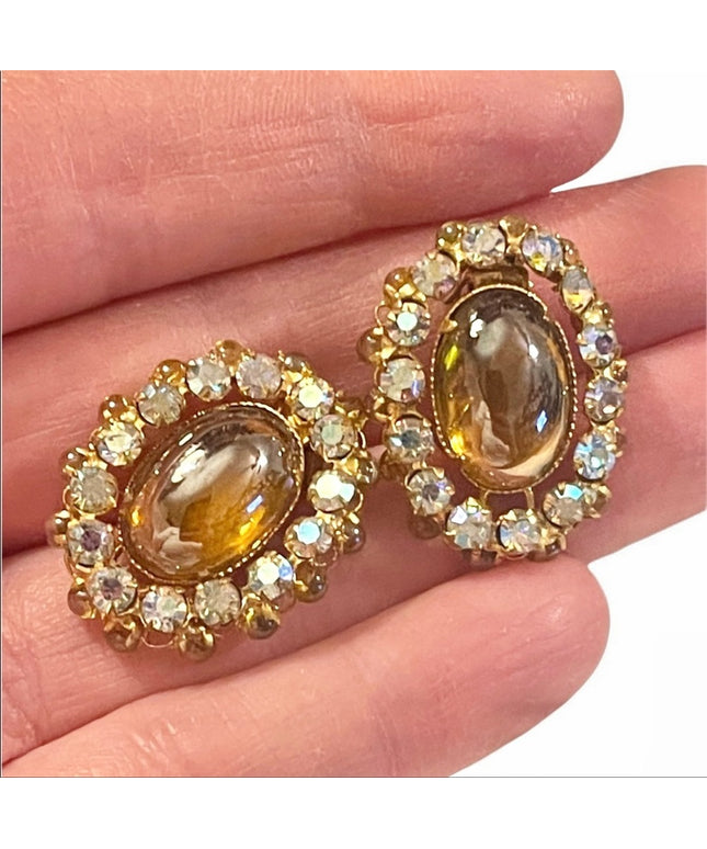 Vintage Golden oval glass with ab crystals TRIAD clip on earrings