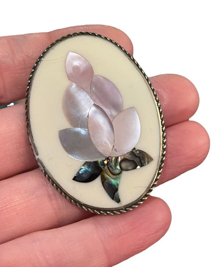 Vintage Mexico Alpaca LG MOP Abalone flower design brooch silver Ornate finish