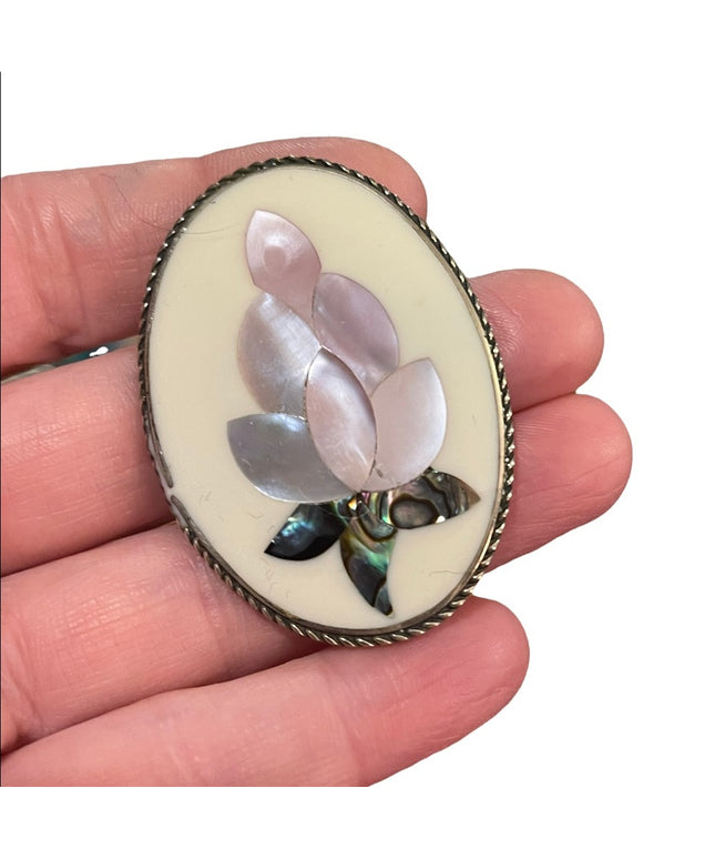 Vintage Mexico Alpaca LG MOP Abalone flower design brooch silver Ornate finish