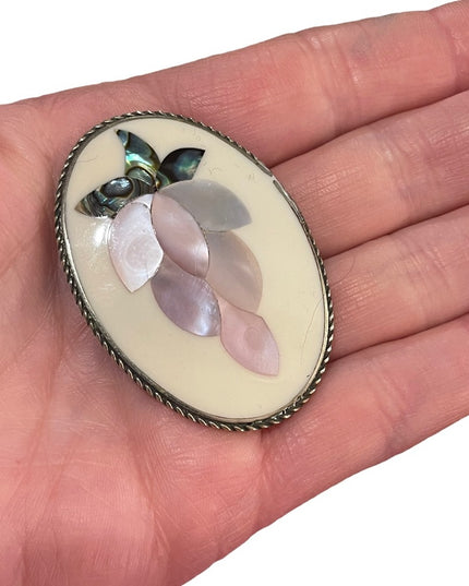 Vintage Mexico Alpaca LG MOP Abalone flower design brooch silver Ornate finish