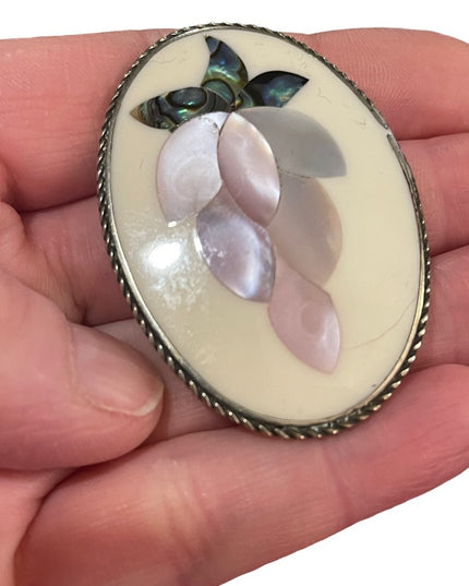 Vintage Mexico Alpaca LG MOP Abalone flower design brooch silver Ornate finish