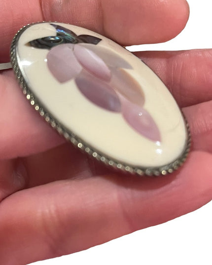 Vintage Mexico Alpaca LG MOP Abalone flower design brooch silver Ornate finish