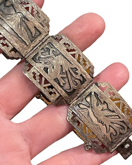 VTG Sterling silver heavy bangle bracelet Aztec Mexico Story book Gods