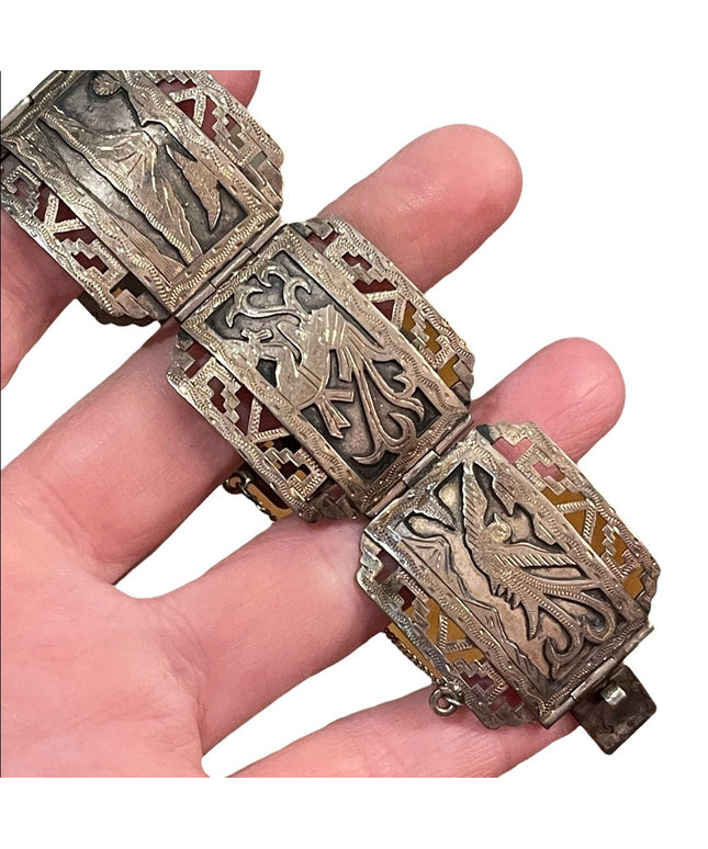 VTG Sterling silver heavy bangle bracelet Aztec Mexico Story book Gods