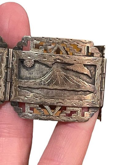 VTG Sterling silver heavy bangle bracelet Aztec Mexico Story book Gods