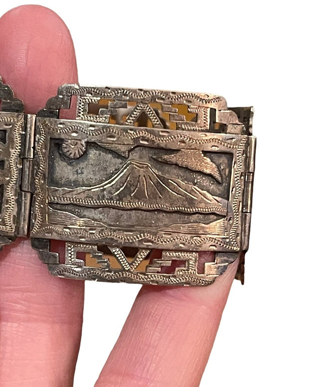 VTG Sterling silver heavy bangle bracelet Aztec Mexico Story book Gods