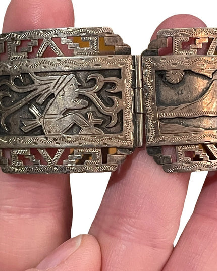 VTG Sterling silver heavy bangle bracelet Aztec Mexico Story book Gods