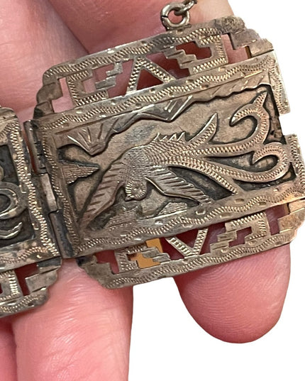 VTG Sterling silver heavy bangle bracelet Aztec Mexico Story book Gods
