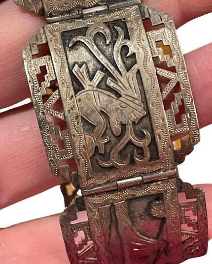 VTG Sterling silver heavy bangle bracelet Aztec Mexico Story book Gods