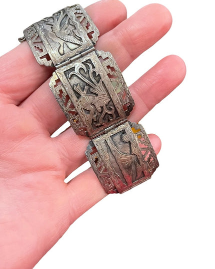 VTG Sterling silver heavy bangle bracelet Aztec Mexico Story book Gods