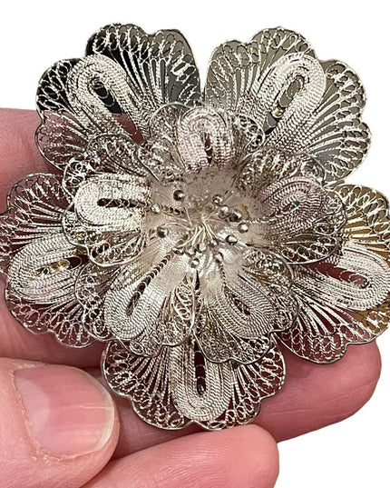 Antique Sterling silver Large Filagree 925 fancy flower brooch