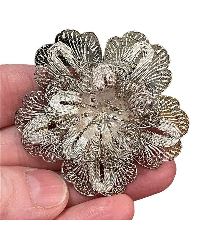Antique Sterling silver Large Filagree 925 fancy flower brooch