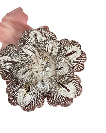 Antique Sterling silver Large Filagree 925 fancy flower brooch