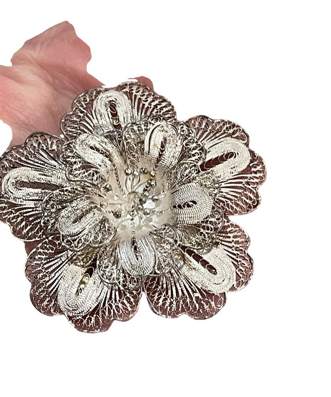 Antique Sterling silver Large Filagree 925 fancy flower brooch