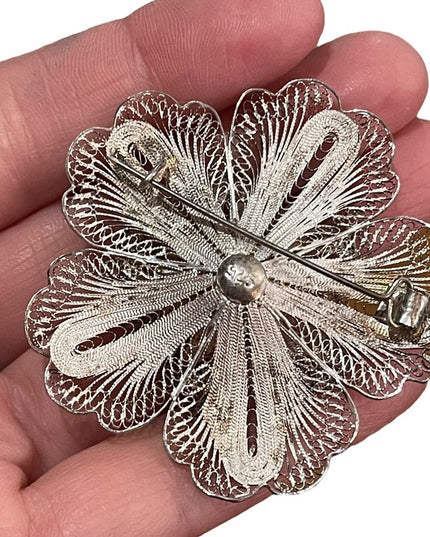 Antique Sterling silver Large Filagree 925 fancy flower brooch