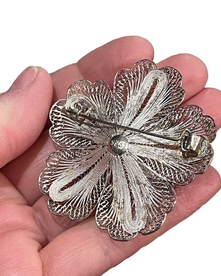 Antique Sterling silver Large Filagree 925 fancy flower brooch