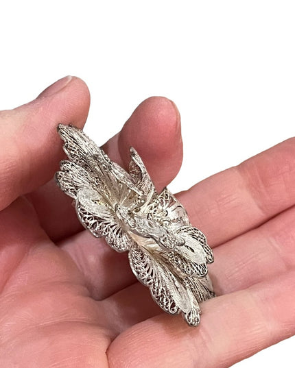 Antique Sterling silver Large Filagree 925 fancy flower brooch