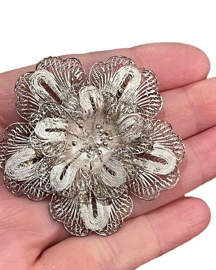 Antique Sterling silver Large Filagree 925 fancy flower brooch