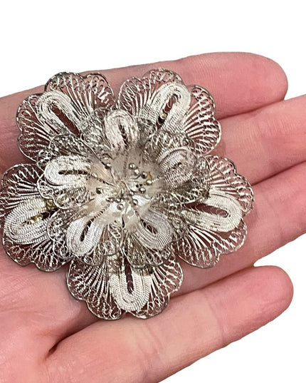 Antique Sterling silver Large Filagree 925 fancy flower brooch