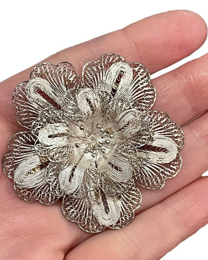 Antique Sterling silver Large Filagree 925 fancy flower brooch