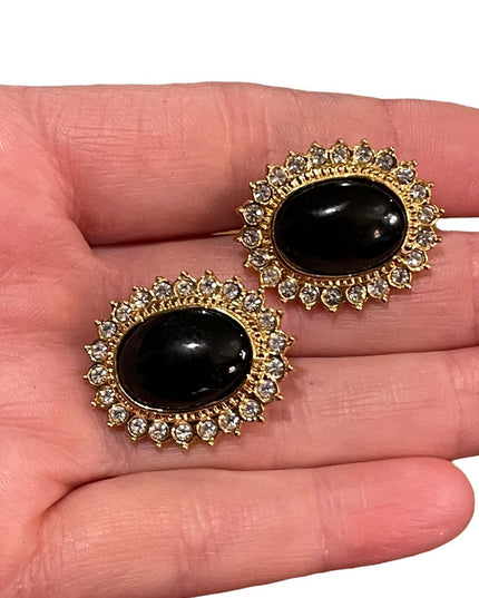 Vintage 1980s Butler black onyx crystal gold finish rhinestone Fifth Ave Collec