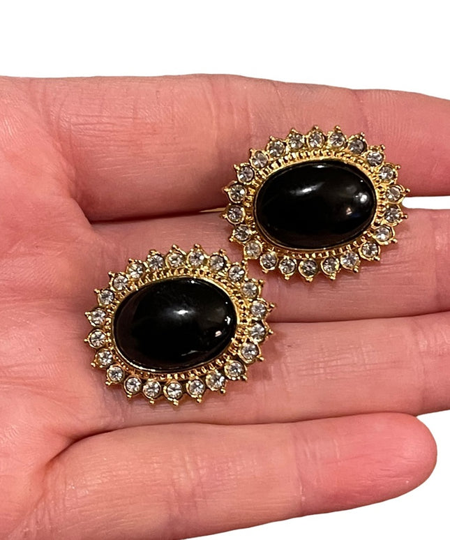 Vintage 1980s Butler black onyx crystal gold finish rhinestone Fifth Ave Collec