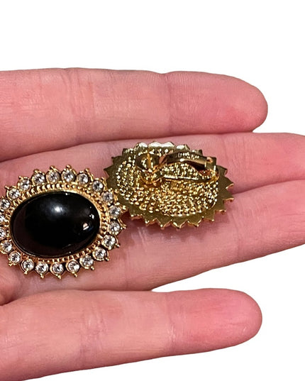 Vintage 1980s Butler black onyx crystal gold finish rhinestone Fifth Ave Collec