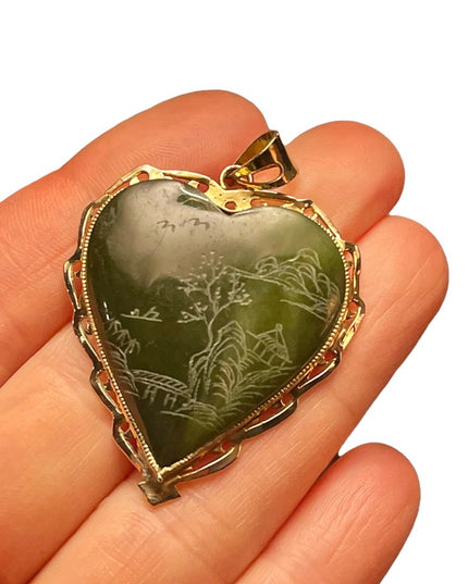 VTG Sterling 925 Jade Siam etched heart pendant