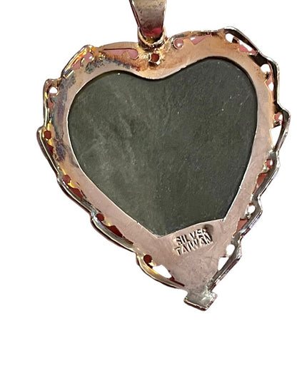 VTG Sterling 925 Jade Siam etched heart pendant