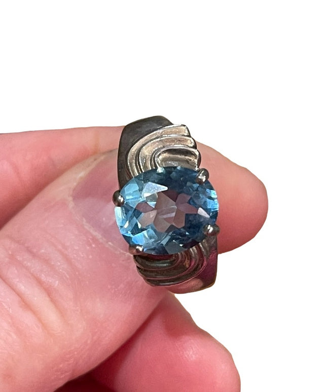 Vintage sterling silver ornate chunky large 925 Topaz Blue stone ring