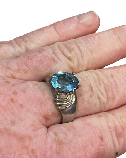 Vintage sterling silver ornate chunky large 925 Topaz Blue stone ring