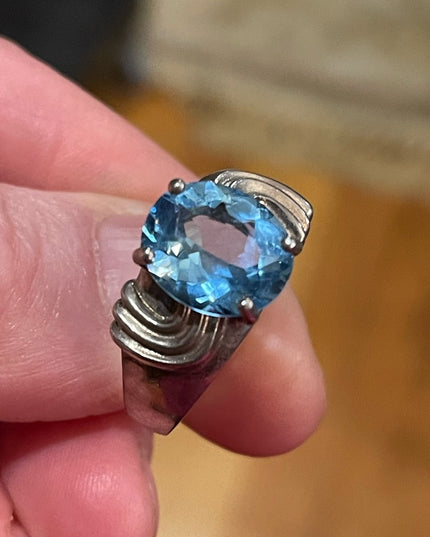 Vintage sterling silver ornate chunky large 925 Topaz Blue stone ring