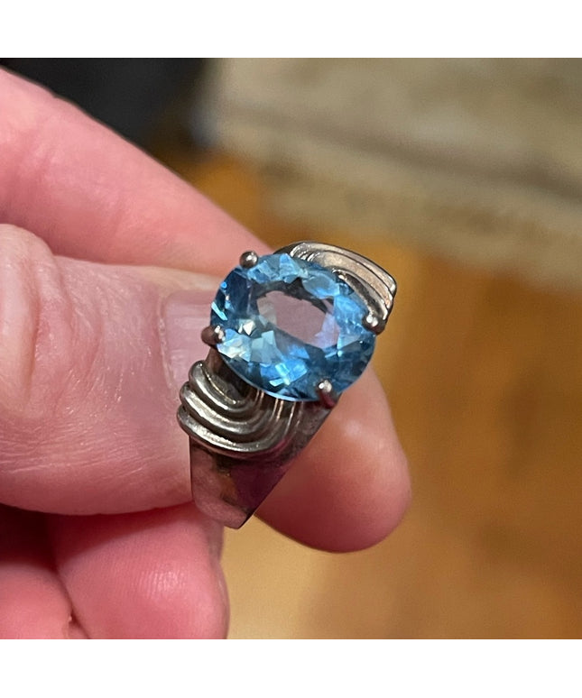 Vintage sterling silver ornate chunky large 925 Topaz Blue stone ring