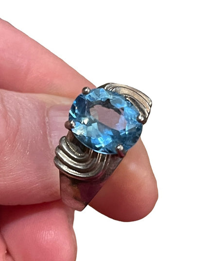 Vintage sterling silver ornate chunky large 925 Topaz Blue stone ring