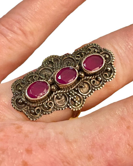 Vintage ornate raw ruby sterling silver elongated large dinner  925 ring
