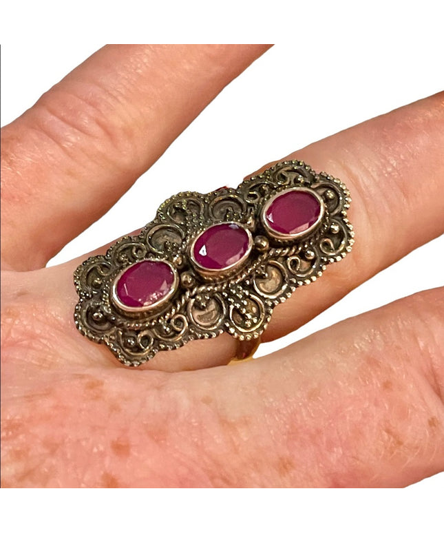 Vintage ornate raw ruby sterling silver elongated large dinner  925 ring