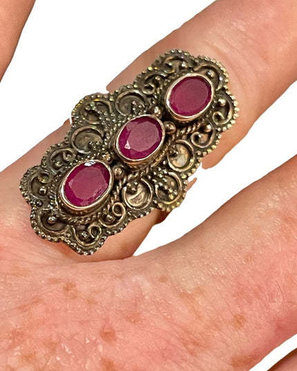 Vintage ornate raw ruby sterling silver elongated large dinner  925 ring