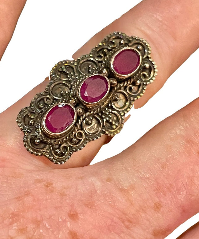 Vintage ornate raw ruby sterling silver elongated large dinner  925 ring