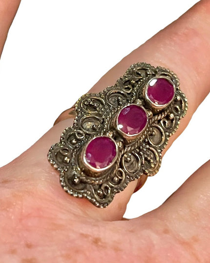 Vintage ornate raw ruby sterling silver elongated large dinner  925 ring