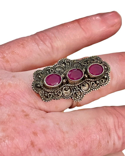 Vintage ornate raw ruby sterling silver elongated large dinner  925 ring