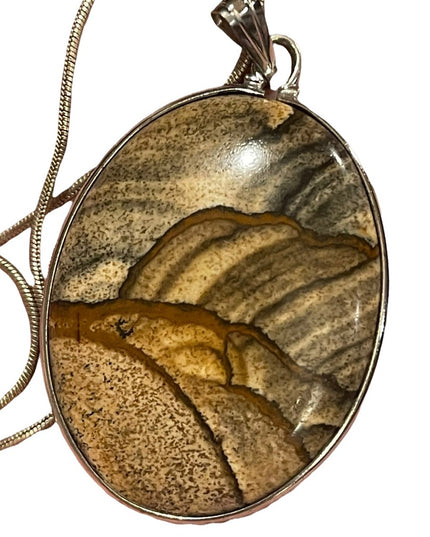 Vintage Large Picture Jasper Oval sterling silver 925 pendant necklace