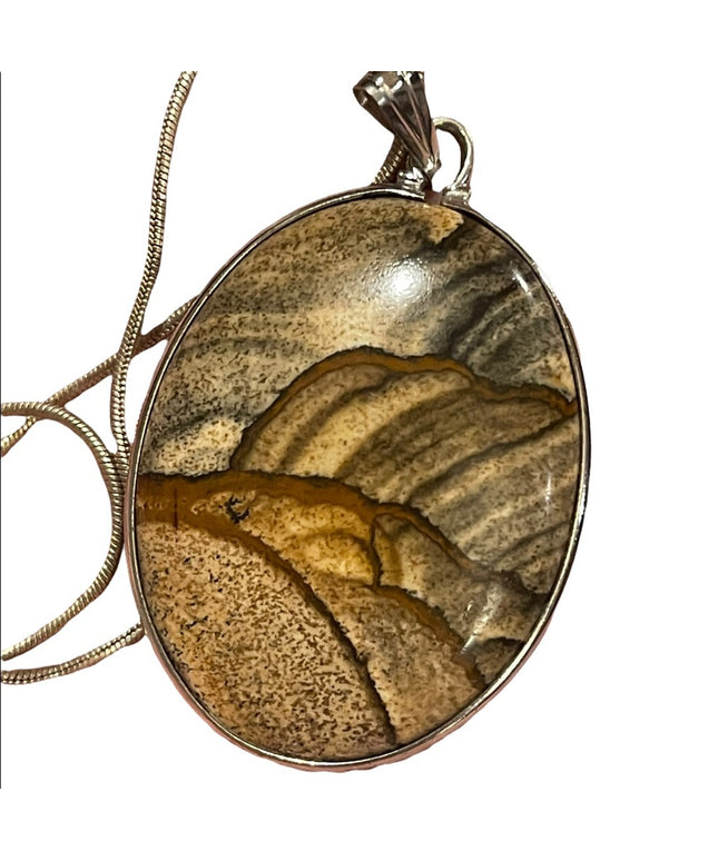 Vintage Large Picture Jasper Oval sterling silver 925 pendant necklace