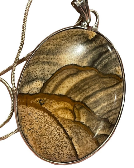 Vintage Large Picture Jasper Oval sterling silver 925 pendant necklace