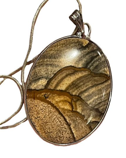 Vintage Large Picture Jasper Oval sterling silver 925 pendant necklace