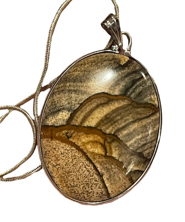 Vintage Large Picture Jasper Oval sterling silver 925 pendant necklace