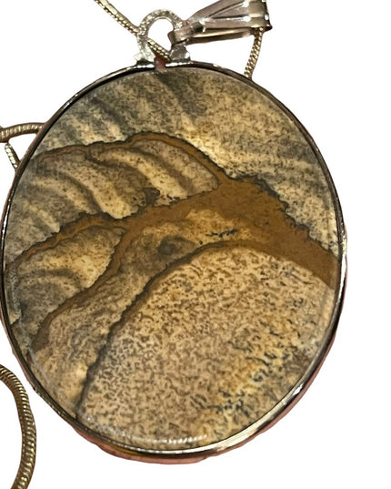 Vintage Large Picture Jasper Oval sterling silver 925 pendant necklace